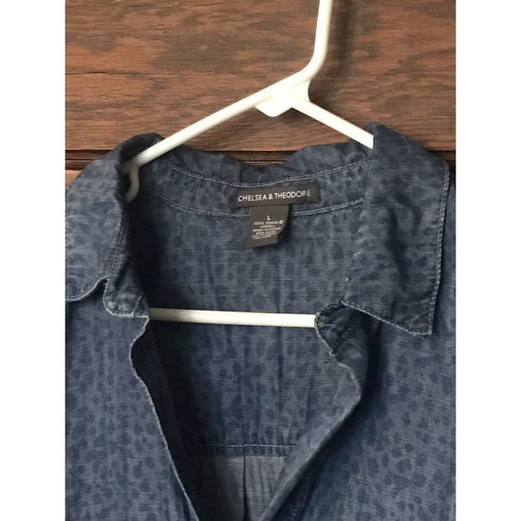 Chelsea & Theodore Shirt Dress Blue Chambray Leopard Animal Print Roll Tab Sz L - Picture 5 of 10